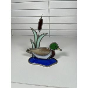 Stained Glass Mallard Duck On Pond With Cattail Free Standing Suncatcher
